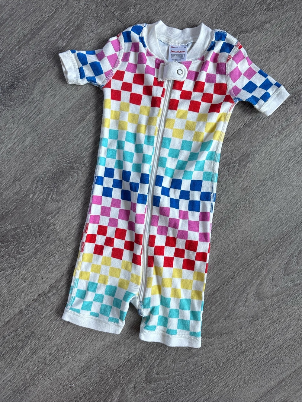 Hanna Andersson-  Rainbow Check Zip One-Piece - Red, Pink, Yellow, Blue, Teal